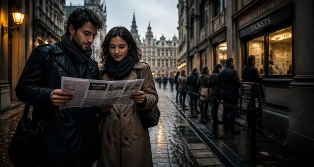 Bruxelles 2 jours : couple près des Galeries Royales Saint-Hubert, plan Brussels Card