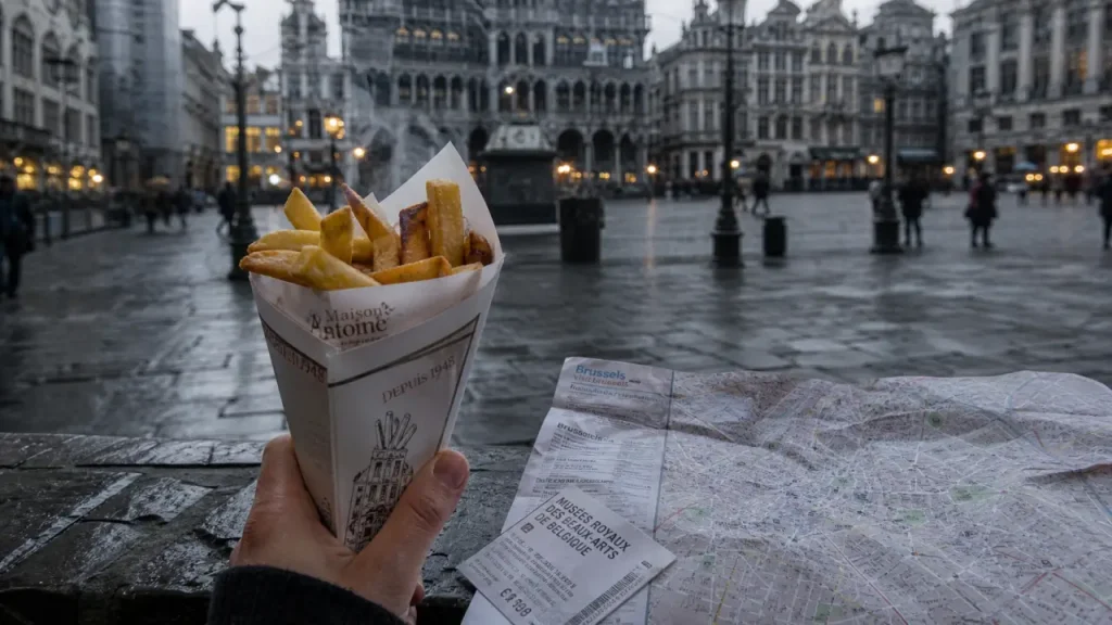 Bruxelles activités : cornet de frites et plan de Bruxelles sur pavé mouillé