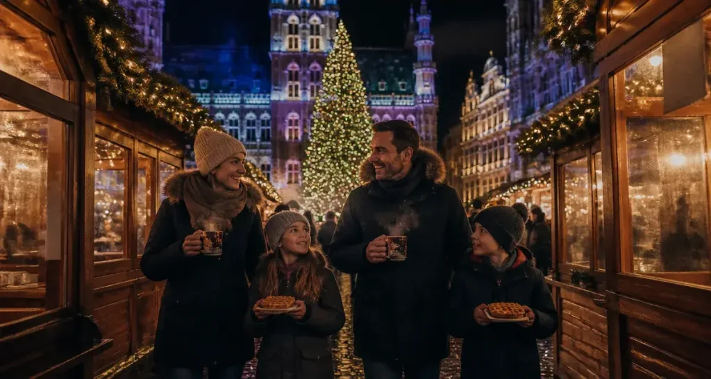 Bruxelles Grand Place Noël : sapin illuminé et chalets sur la Grand-Place