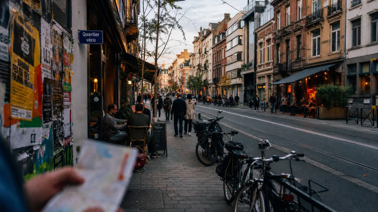 Bruxelles quartiers : trottoir animé, tram et cafés, ambiance de quartier