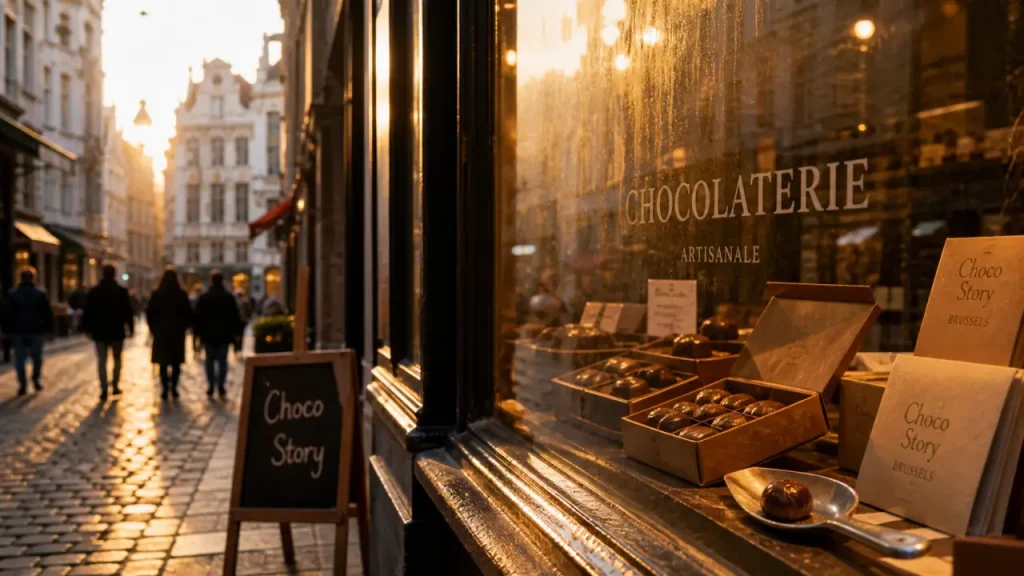 Choco story Bruxelles : chocolaterie au centre, vitrine et pralines