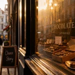 Choco story Bruxelles : chocolaterie au centre, vitrine et pralines