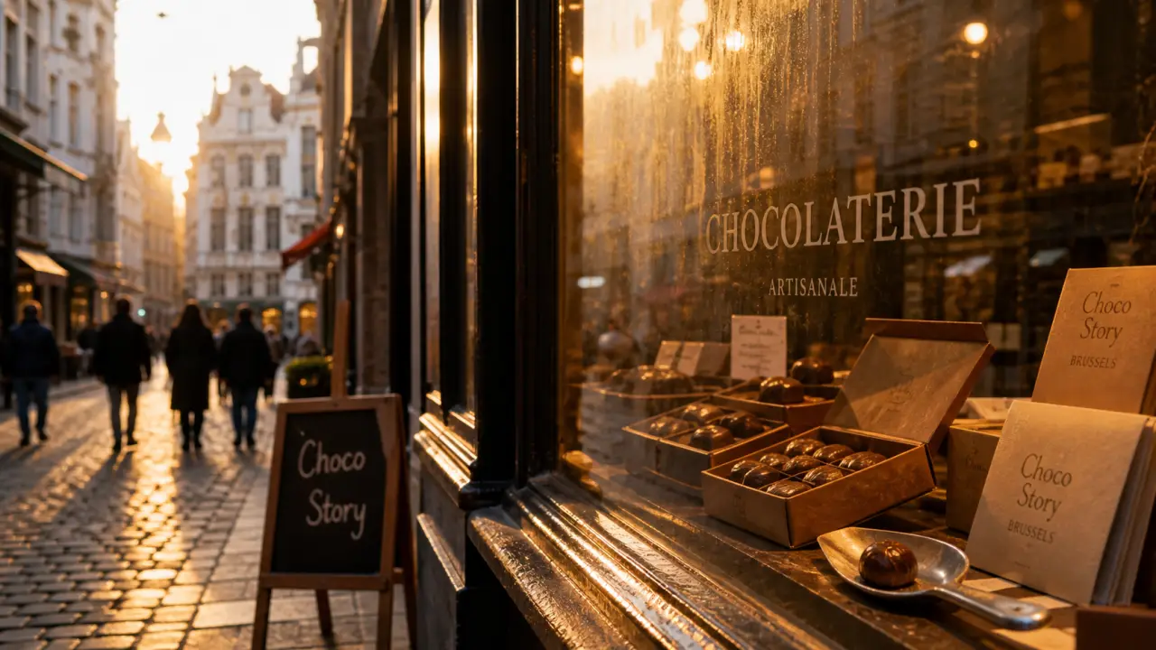 Choco story Bruxelles : chocolaterie au centre, vitrine et pralines