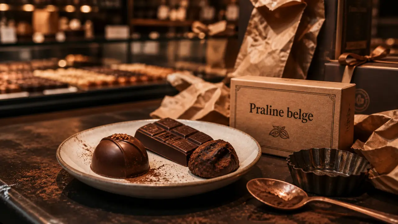 Chocolat en Belgique : praline belge à Bruxelles, vue comptoir