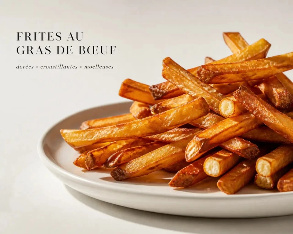 Frite au gras de boeuf dorée et croustillante servie sur assiette blanche