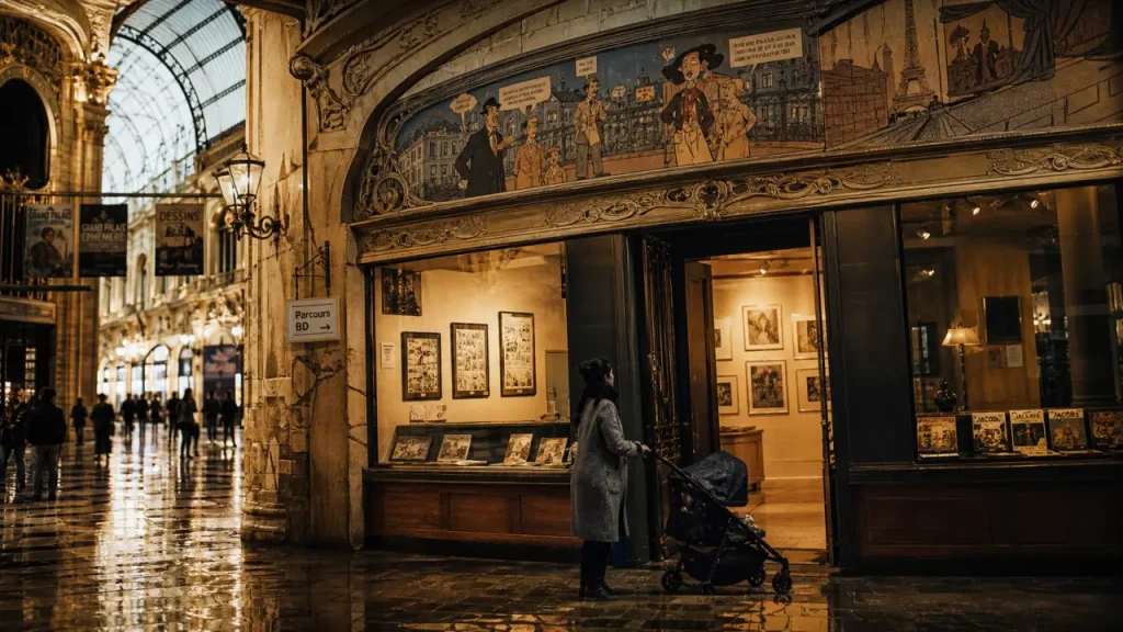 Musée de la BD Bruxelles : vitrine et fresque BD, parcours