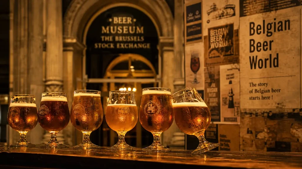 Musée de la bière Bruxelles : Belgian Beer World, verres de dégustation au comptoir