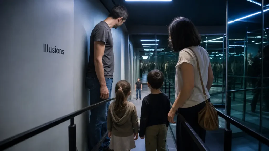 Musée de l'illusion bruxelles : famille devant décor à perspective