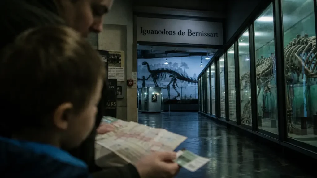 Musée histoire naturelle Bruxelles : iguanodon de Bernissart, enfants et parents