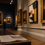 Vue intérieure des musées royaux des beaux arts Bruxelles, hall avec tableaux et cartel visite