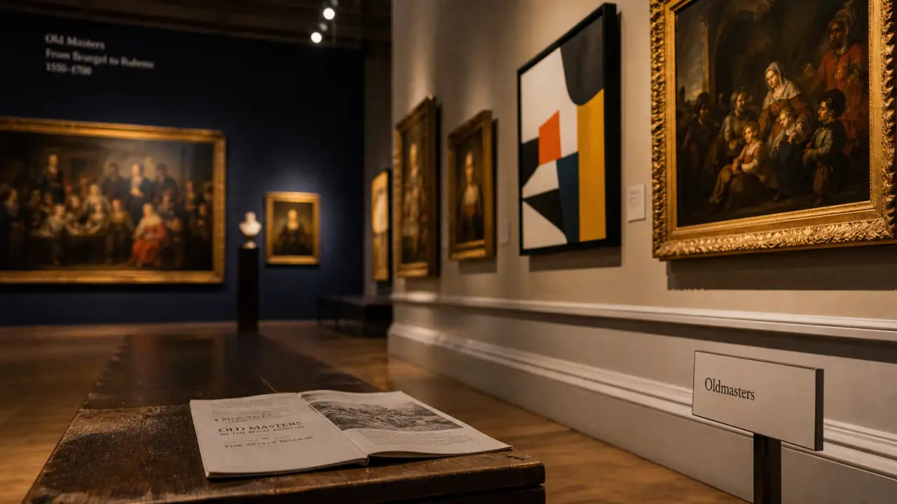 Vue intérieure des musées royaux des beaux arts Bruxelles, hall avec tableaux et cartel visite