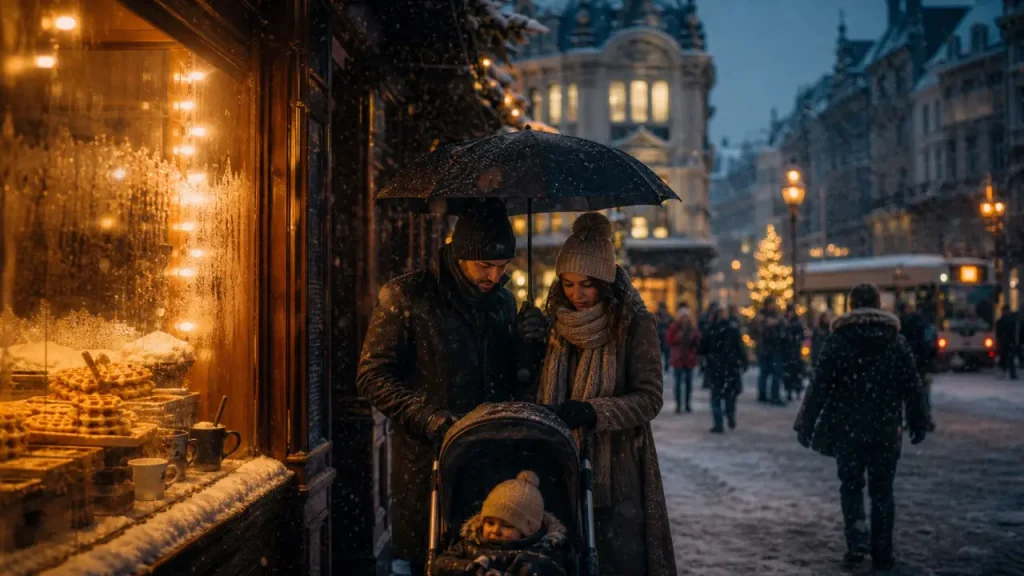 Nouvel An à Bruxelles en famille : rue enneigée, famille et poussette près des gaufres le 31 décembre