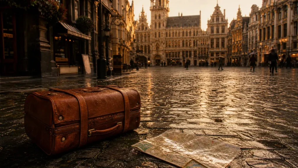 Où loger a bruxelles pour visiter : vue Grand-Place depuis un quartier proche, valise cabine