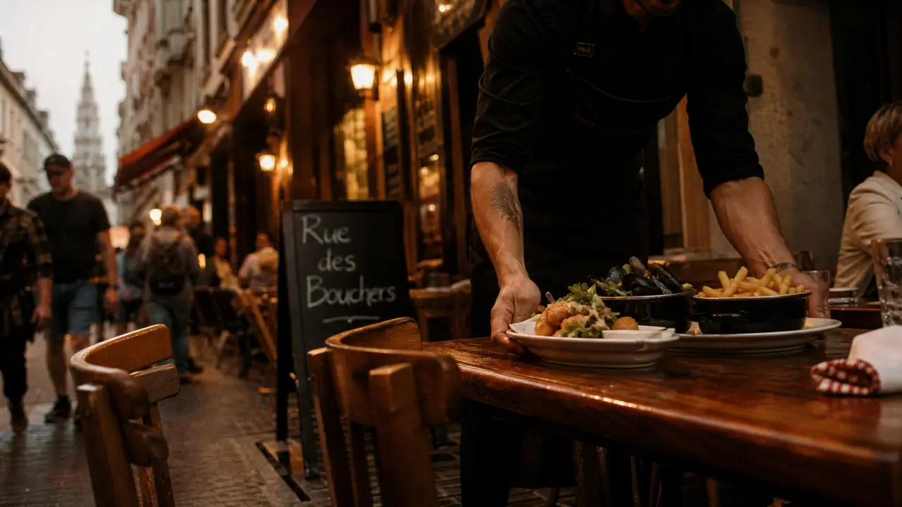 Rue des bouchers à Bruxelles : restaurants belges, moules-frites et terrasses.