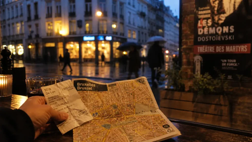 Sorties culturelles Bruxelles : ticket de théâtre et plan de la ville