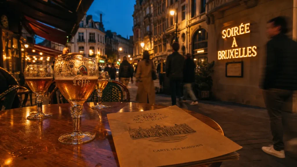 Sortir Bruxelles : terrasse en soirée à Bruxelles, enseigne lumineuse et ambiance