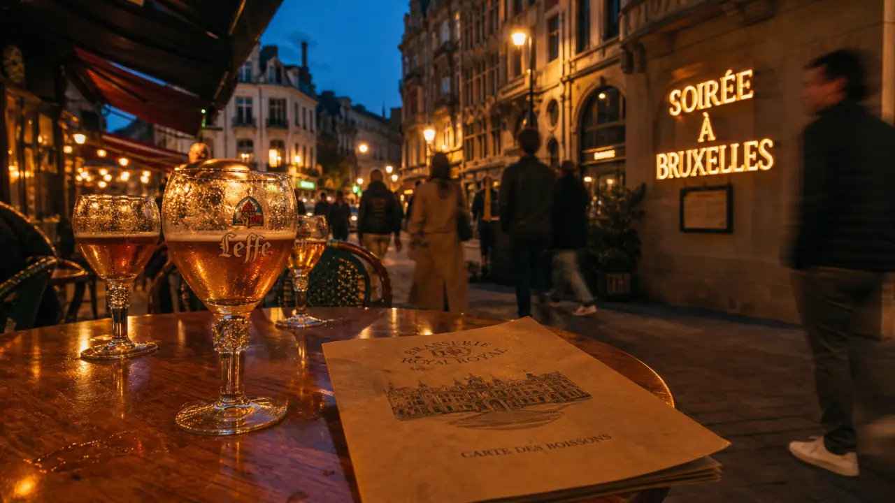 Sortir Bruxelles : terrasse en soirée à Bruxelles, enseigne lumineuse et ambiance