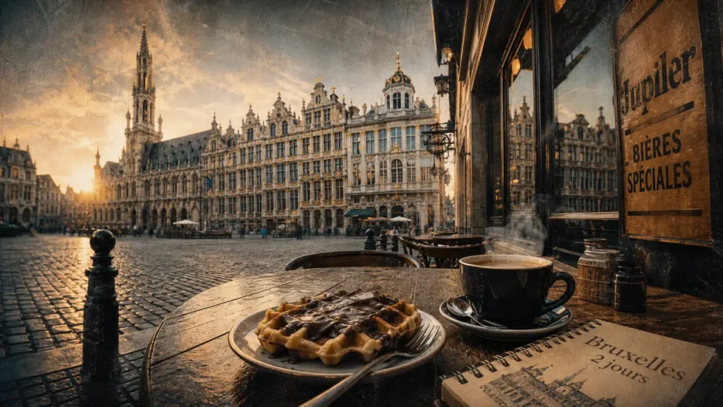 Visiter Bruxelles deux jours : table de gaufre à la Grand-Place au lever du jour