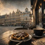 Visiter Bruxelles deux jours : table de gaufre à la Grand-Place au lever du jour