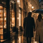 Visiter Bruxelles en amoureux : couple sous la verrière, pavé mouillé et parapluie