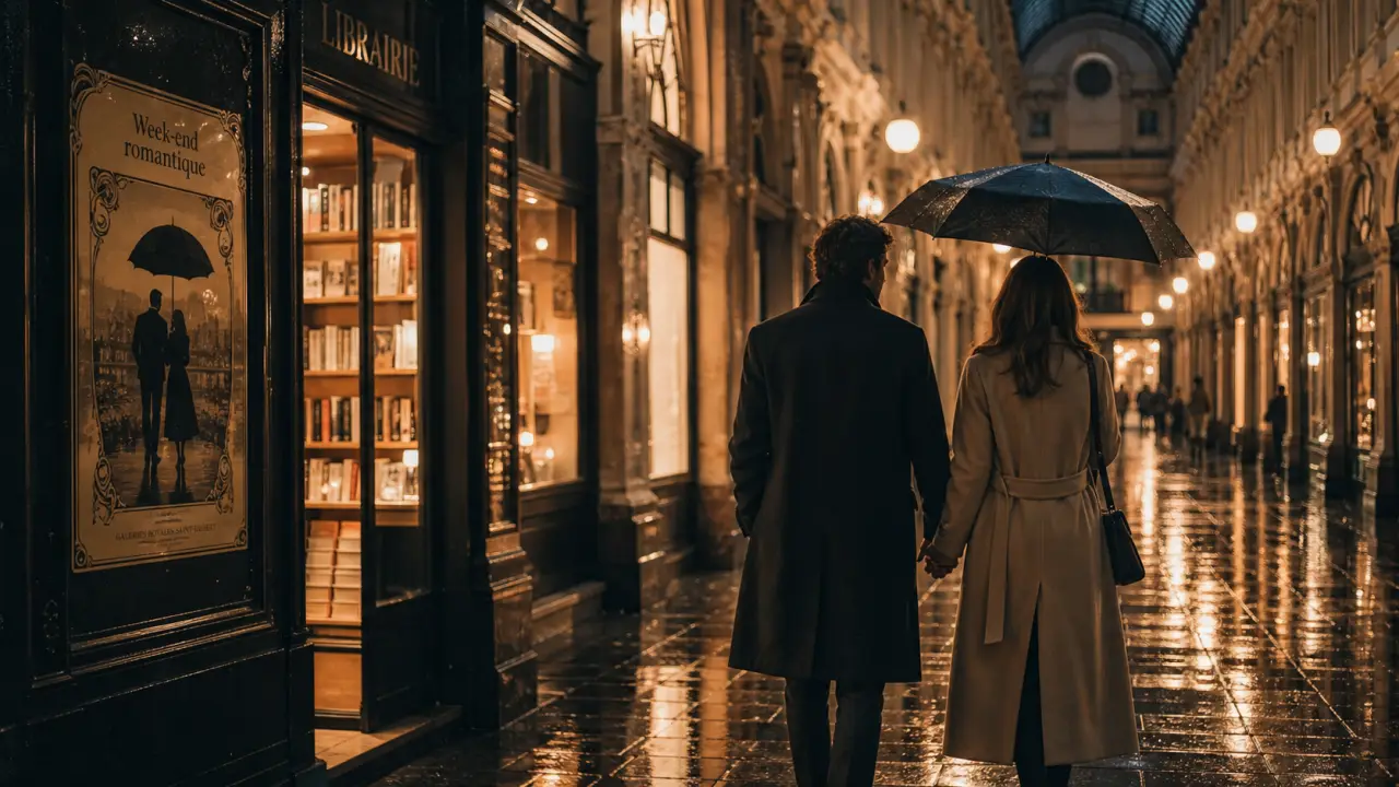 Visiter Bruxelles en amoureux : couple sous la verrière, pavé mouillé et parapluie