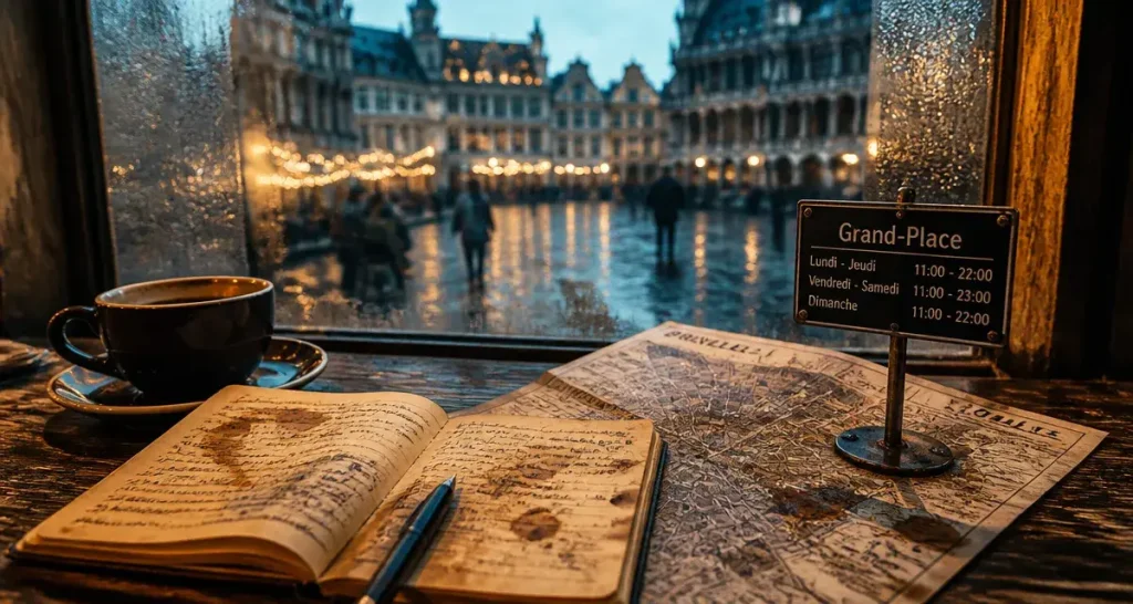 Visiter Bruxelles en février : Grand-Place bruxelloise de nuit, guirlandes et pavés luisants