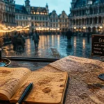 Visiter Bruxelles en février : Grand-Place bruxelloise de nuit, guirlandes et pavés luisants