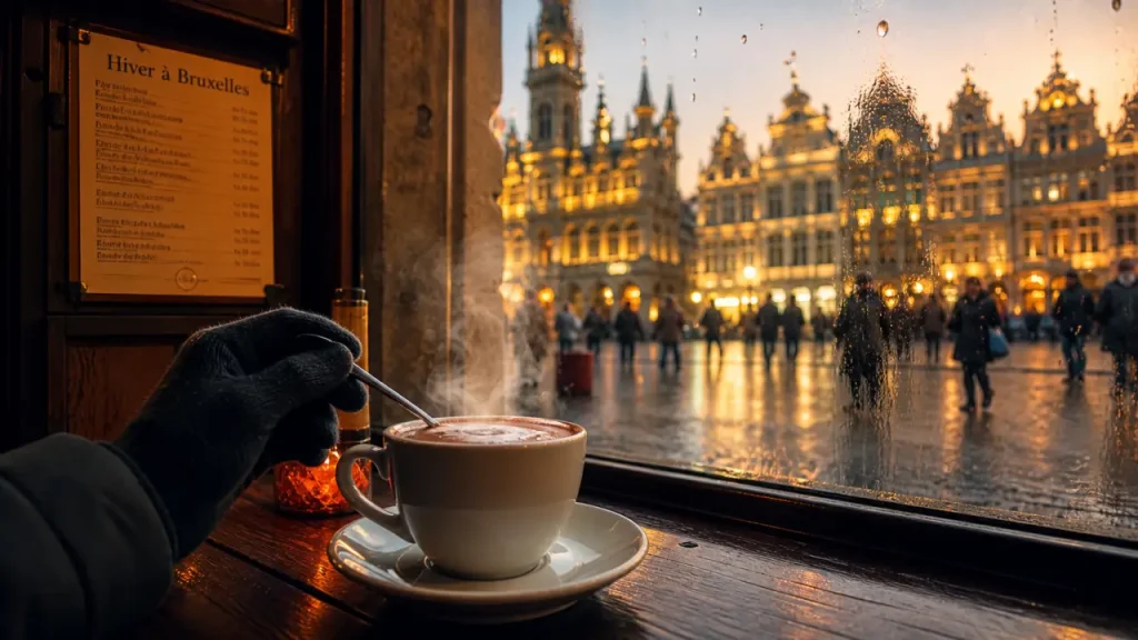 Visiter Bruxelles en hiver : café chaud devant la Grand-Place, terrasse couverte