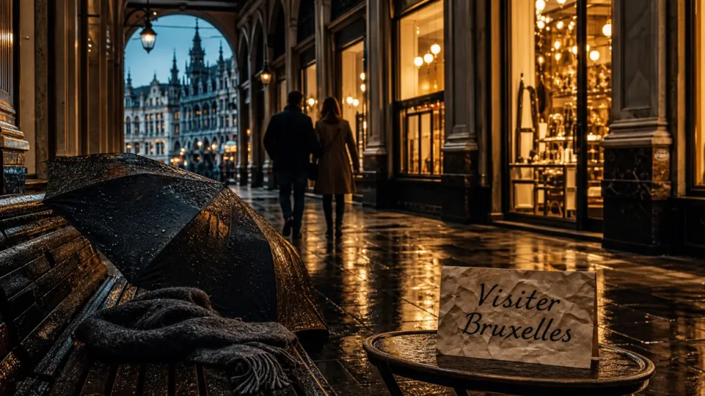 Visiter Bruxelles en novembre : parapluie et pluie près des Galeries royales Saint-Hubert