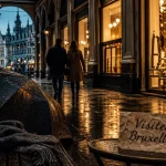 Visiter Bruxelles en novembre : parapluie et pluie près des Galeries royales Saint-Hubert