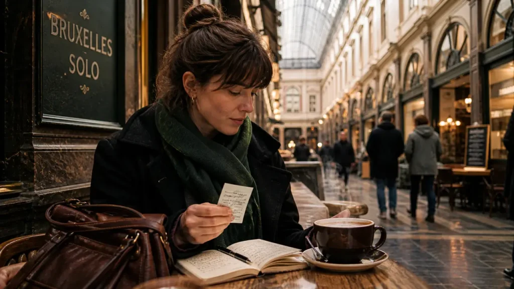 Visiter Bruxelles seule : femme à la terrasse, café du centre et ticket de métro