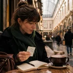 Visiter Bruxelles seule : femme à la terrasse, café du centre et ticket de métro