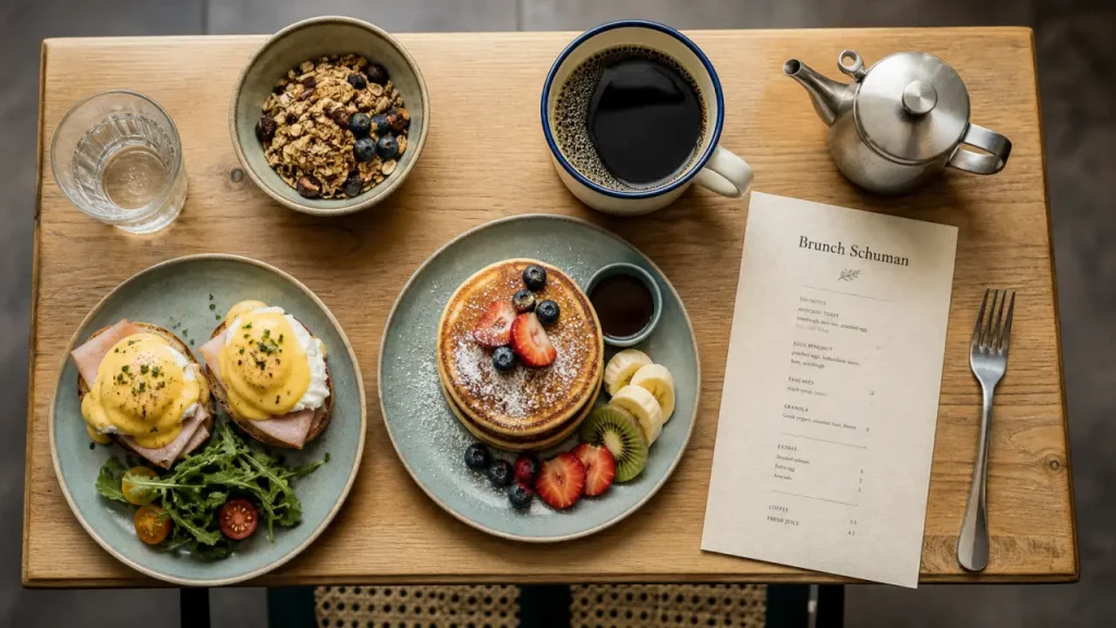 Brunch quartier europeen bruxelles : assiette brunch healthy, œufs et pancakes