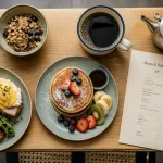 Brunch quartier europeen bruxelles : assiette brunch healthy, œufs et pancakes