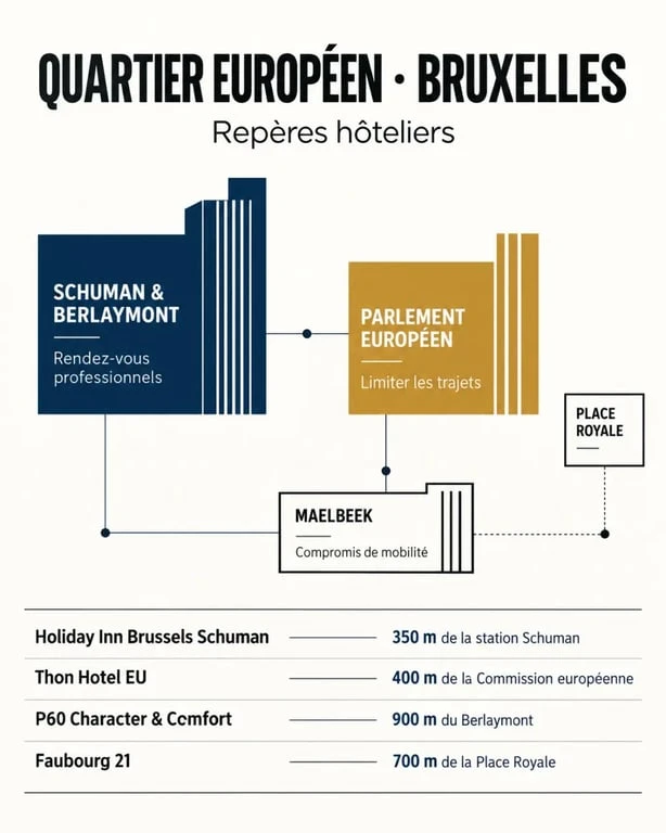 Infographie sur les hôtels du quartier européen de Bruxelles autour de Schuman, Maelbeek et du Parlement européen