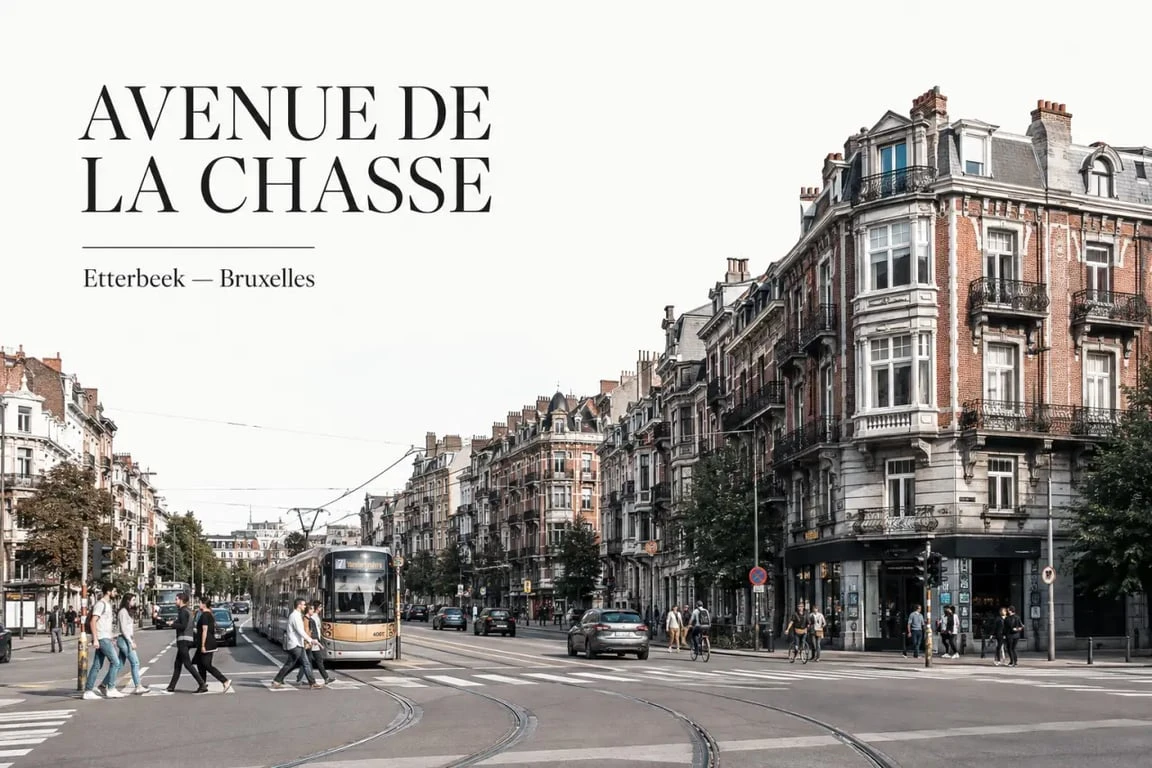 Quartier de la chasse bruxelles, vue large de l’avenue de la Chasse à Etterbeek avec façades bruxelloises et carrefour animé