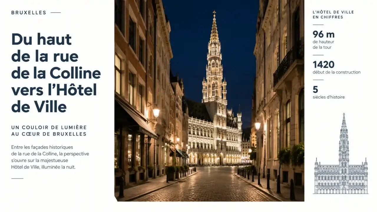 Vue de l'illumination de la Grand-Place de Bruxelles depuis la rue de la Colline