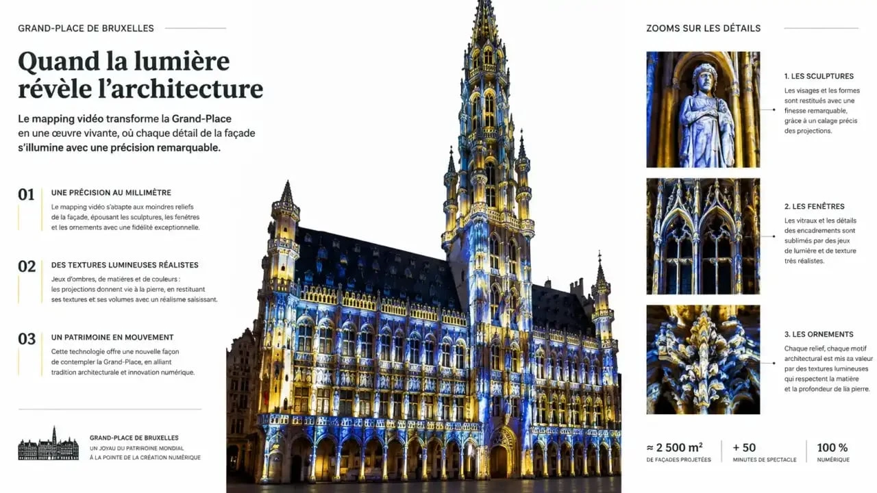 Détail technique du mapping vidéo sur les façades de la Grand-Place de Bruxelles