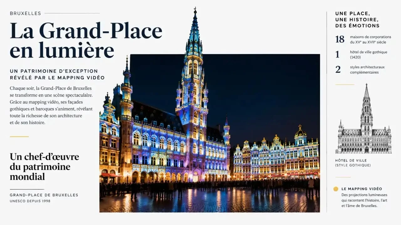 Illumination Grand-Place Bruxelles avec mapping vidéo sur les façades historiques