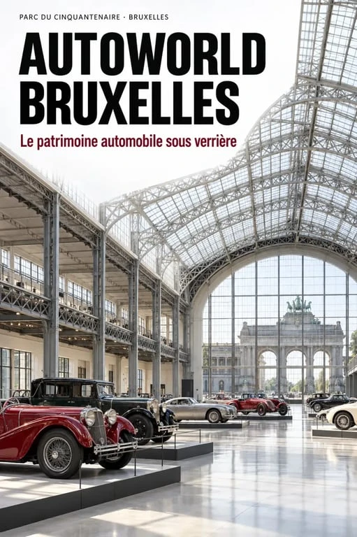 Autoworld Bruxelles sous les verrières du Palais Mondial avec des voitures anciennes