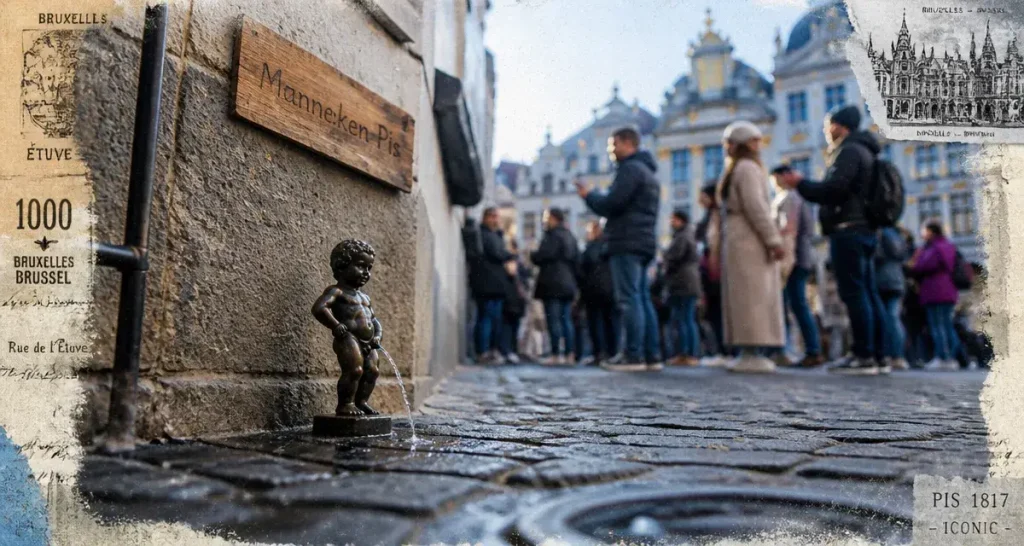 Manneken Pis Bruxelles, vue de la rue de l’Étuve, touristes flous