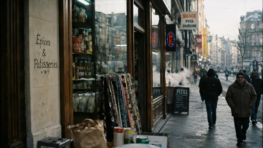 Quartier arabe bruxelles, rue commerçante de Brabant avec épicerie et passants