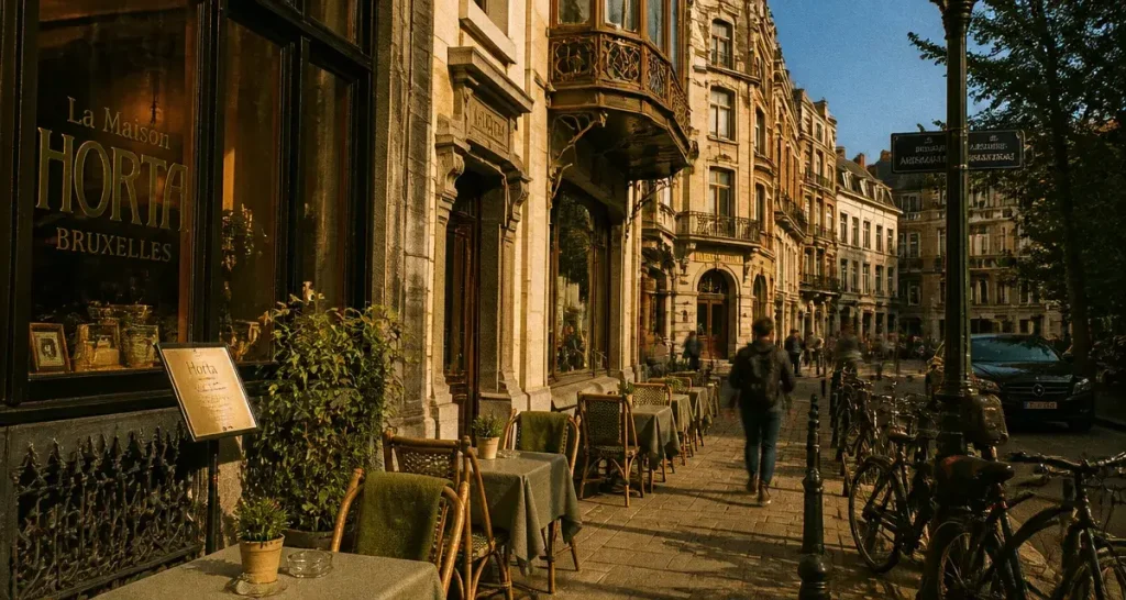 Quartier du chatelain bruxelles, rue Américaine et entrée du musée Horta, vélos et terrasses