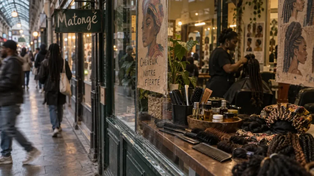 Quartier matonge bruxelles : vitrine de salon de coiffure à Matongé, affiches manuscrites et galerie couverte