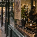 Quartier matonge bruxelles : vitrine de salon de coiffure à Matongé, affiches manuscrites et galerie couverte