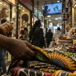 Bruxelles quartier africain Matongé : mains choisissant tissus wax en galerie