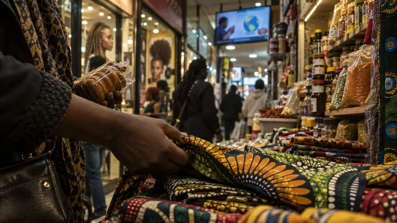 Bruxelles quartier africain Matongé : mains choisissant tissus wax en galerie