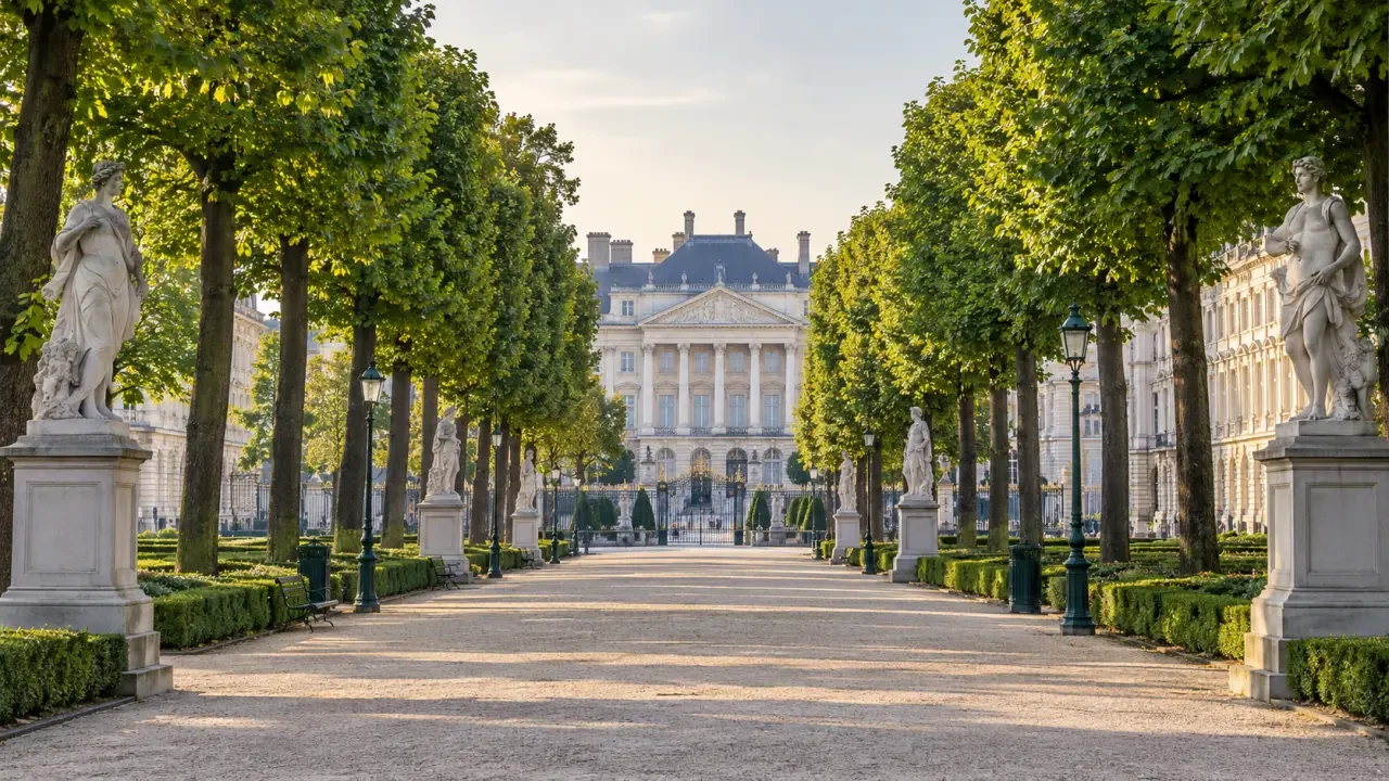 Vue des grandes allées et des sculptures du parc de Bruxelles dans le quartier royal