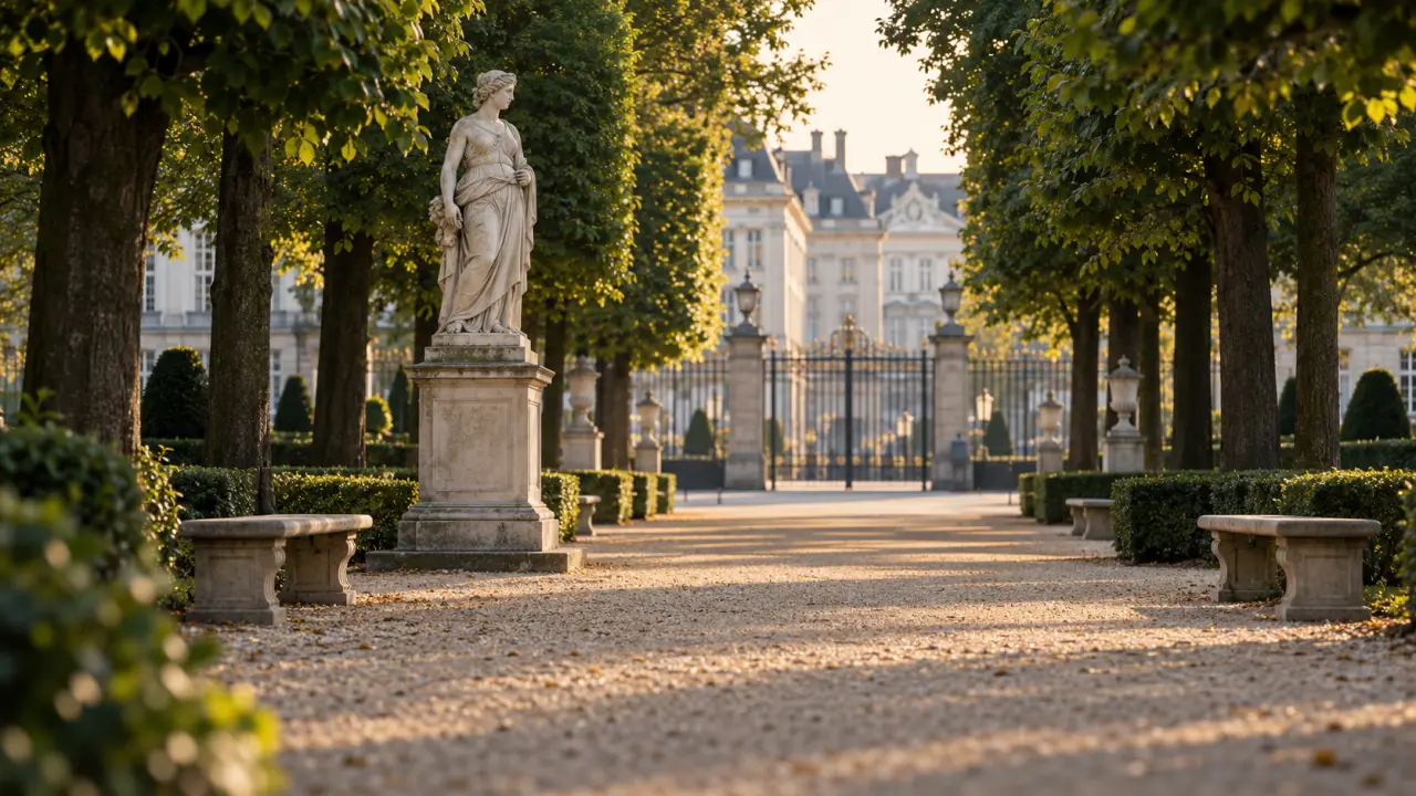 Parc de Bruxelles : allées royales, statue et arbres taillés