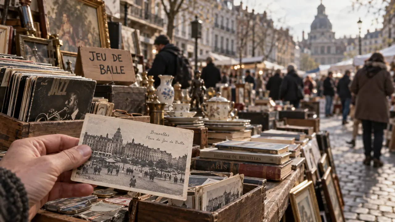 Quartier marolles bruxelles : étals de brocante au matin, place du Jeu de Balle